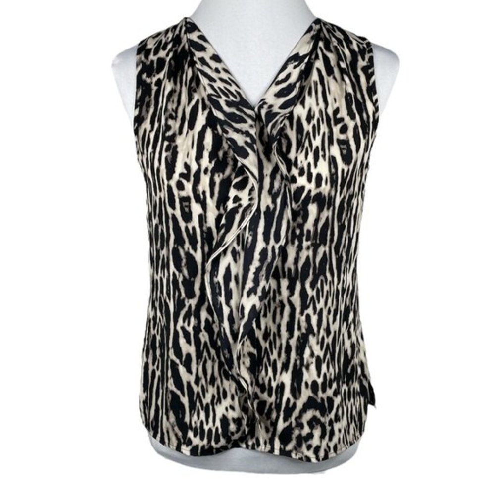 Chicos Animal Print Ruffle V Neck Sleeveless Blouse Black Cream Size 00